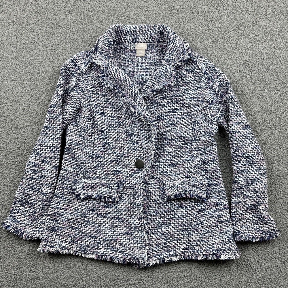Chicos Cardigan Sweater Womens Small Purple One Button Tweed Blazer Fringe‎ Knit